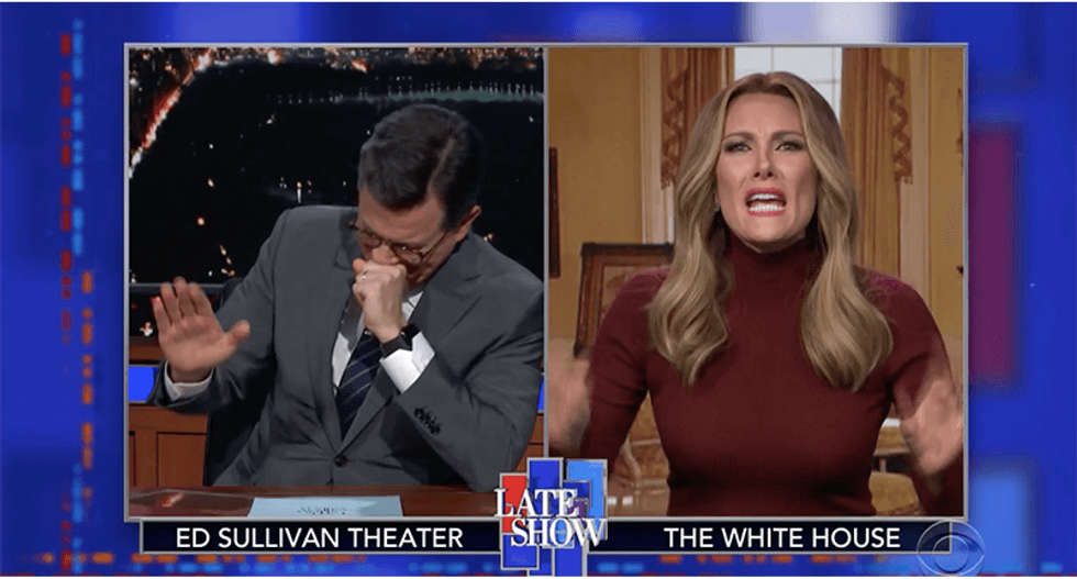 Stephen Colbert breaks character when fake Melania Trump mentions the president’s 'privates'