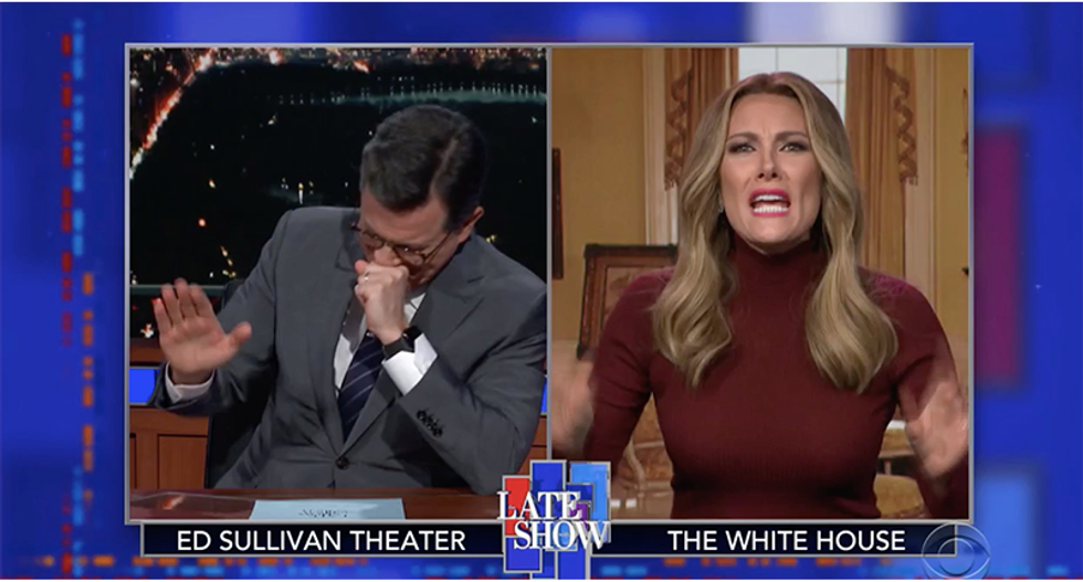 Stephen Colbert breaks character when fake Melania Trump mentions the president’s 'privates'