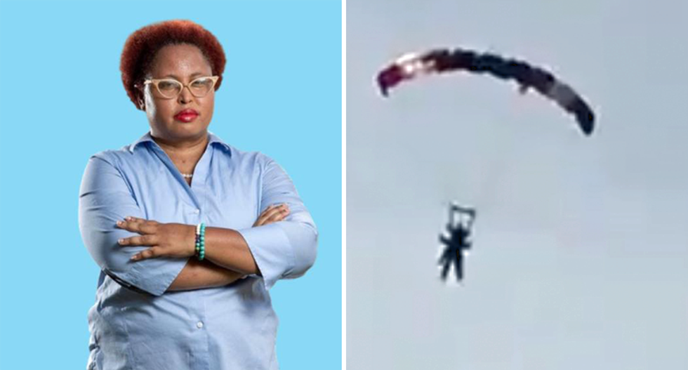 Democrat Marquita Bradshaw jumps out of an airplane to draw attention to her Senate campaign