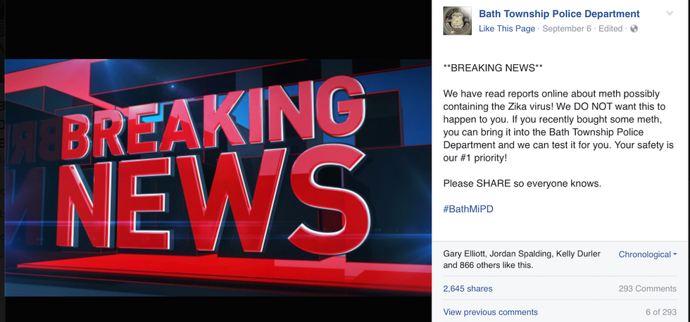 In a hugely irresponsible move, Michigan cops post false info about Zika to try to catch meth users