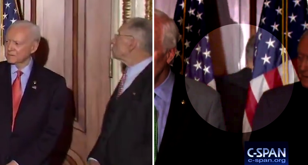 WATCH: Chuck Grassley scrambles through American flags to evade reporters asking about Mueller probe