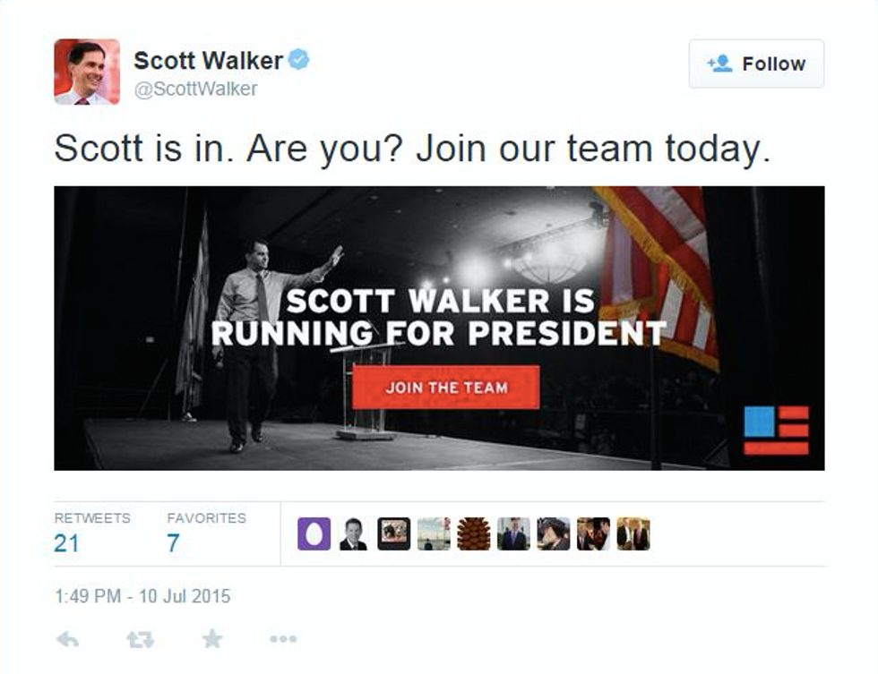 Scott Walker announces 2016 candidacy on Twitter at 5pm on a summer Friday -- was it an accident?