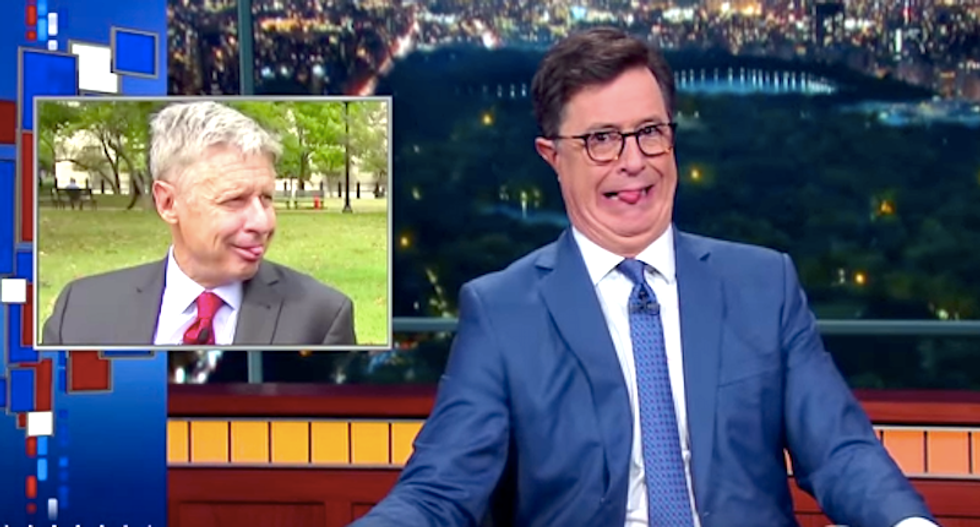Stephen Colbert's mocks 'aging clown without makeup' Gary Johnson and his nutty policies