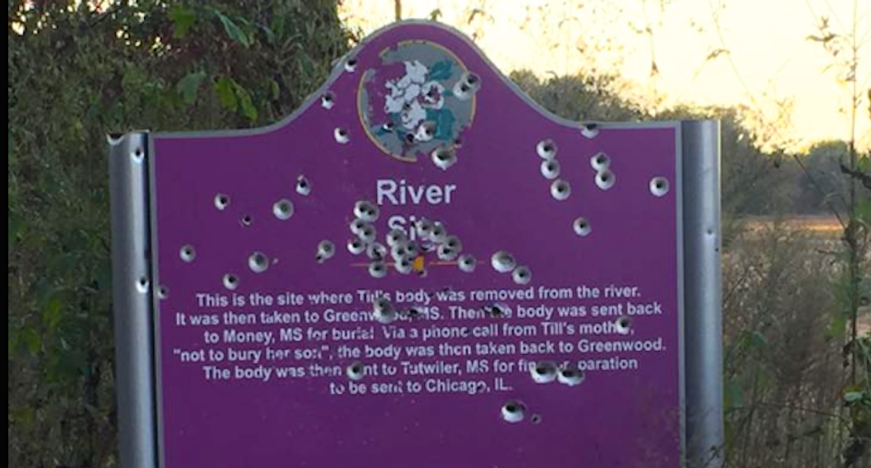 Memorial to Emmett Till blasted with bullets -- but sign marking killer's home adorned with flowers