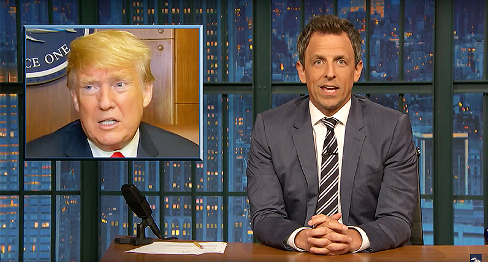 Seth Meyers hilariously mocks Trump for 'making up a little one-act play' so he looks 'strong' and 'absolutely doesn't have dementia'
