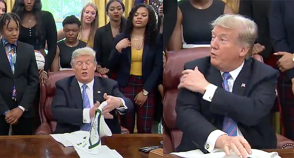 Trump slobbers over ‘definition’ in Baylor women players’ ‘beautiful arms’ during painful White House visit