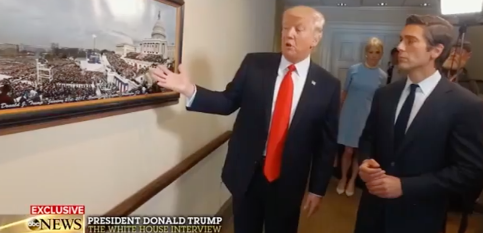 Trump concluded his first White House interview by showing off photos of his 'massive' crowd size