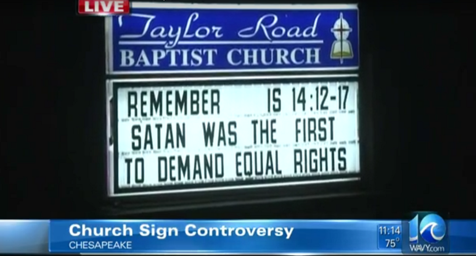Virginia church sign turns heads with its suggestion that seeking equal rights is satanic