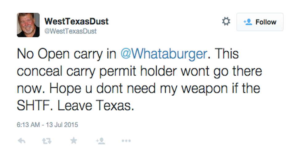 Gun nuts cry bitter tears on Twitter over Whataburger's ban on openly carried guns inside restaurants