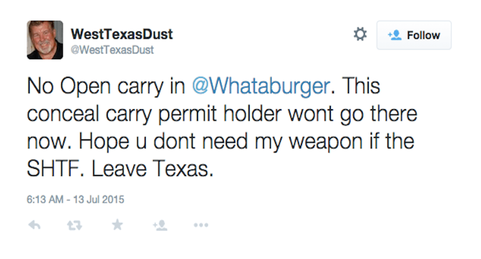 Gun nuts cry bitter tears on Twitter over Whataburger's ban on openly carried guns inside restaurants