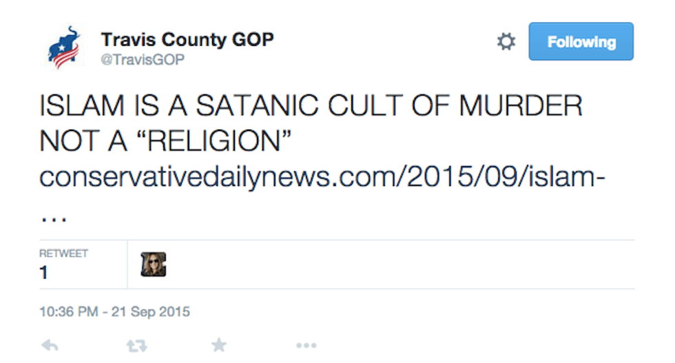 Texas GOP group promotes viciously anti-Muslim blog post: 'Islam is a satanic cult of murder'