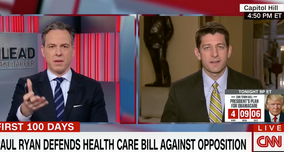 'How can you say that?': Jake Tapper corners Paul Ryan for claiming Trump on 'same page' with health care