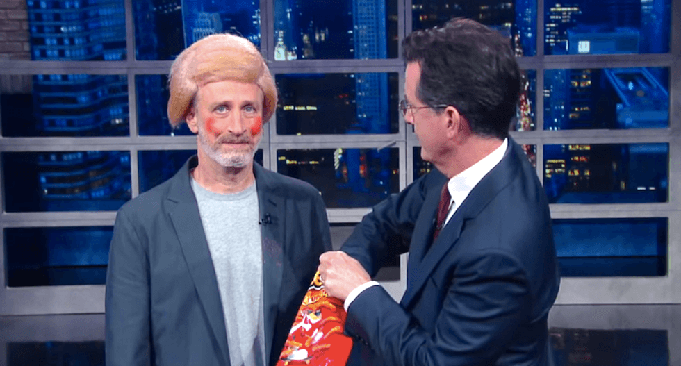 Jon Stewart crashes  Stephen Colbert's show to tout 9/11 first responders bill -- dressed as Donald Trump