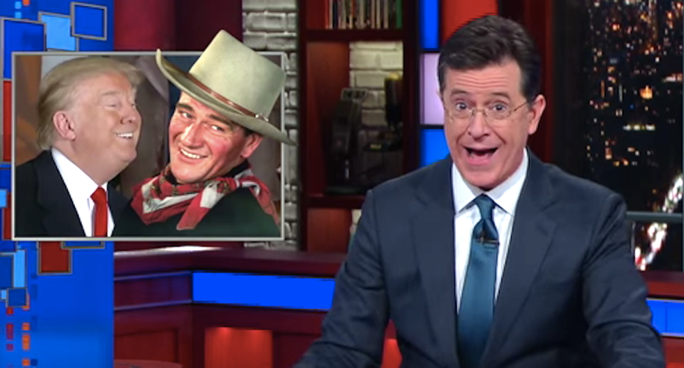 Stephen Colbert mocks Trump's phony Bible-thumping and weird endorsement by the ghost of John Wayne