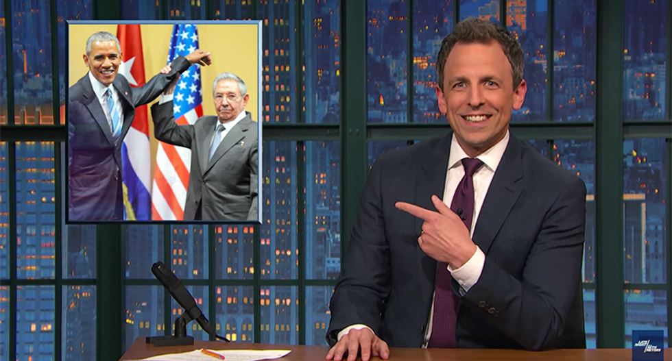 Seth Meyers crushes Castro after 'the most awkward handshake in presidential history'