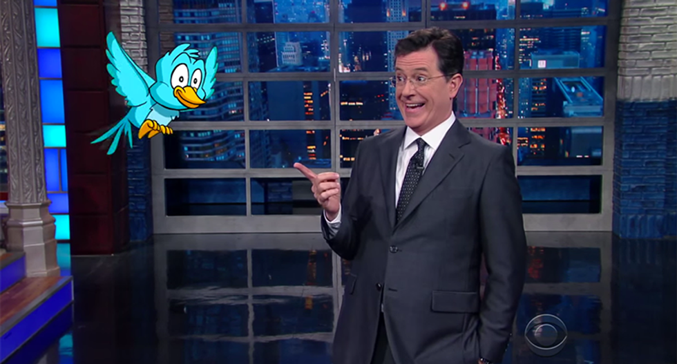 Colbert jumps on the #BirdieSanders bandwagon with a bird of his own - but it goes off the rails