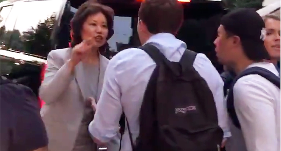 'Leave my husband alone': Transportation Secretary yells at protestors confronting Mitch McConnell with Trump's crying migrant kids