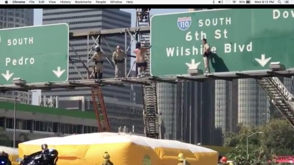 WATCH: Shirtless activist climbs freeway sign stopping downtown Los Angeles traffic
