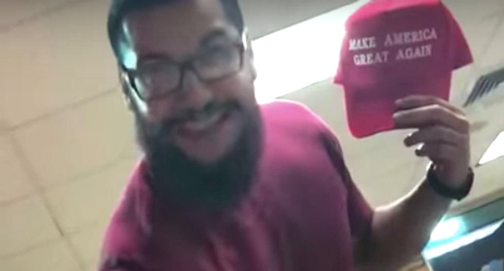 WATCH: Angry man snatches Trump hat from teen's head and tosses drink at his friends
