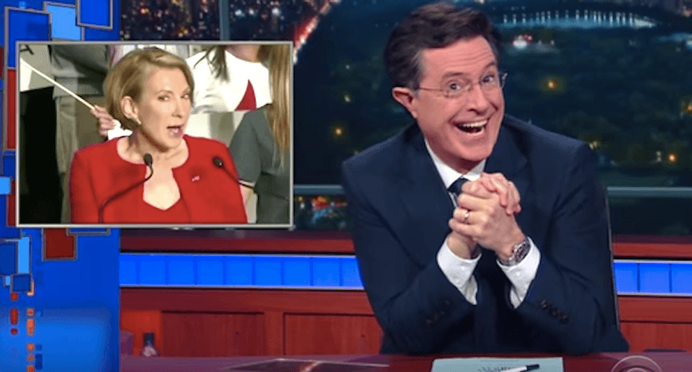 Colbert cringes as Carly Fiorina sings: 'It's like Disney gave the wicked stepmother her own song'