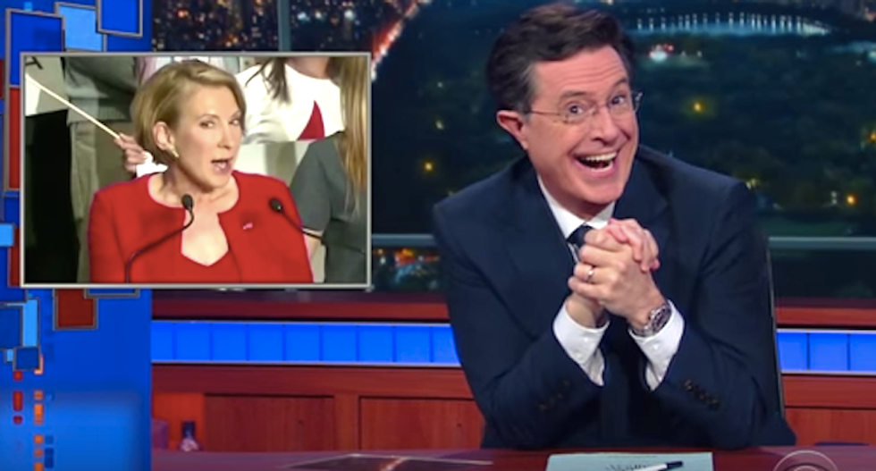 Colbert cringes as Carly Fiorina sings: 'It's like Disney gave the wicked stepmother her own song'