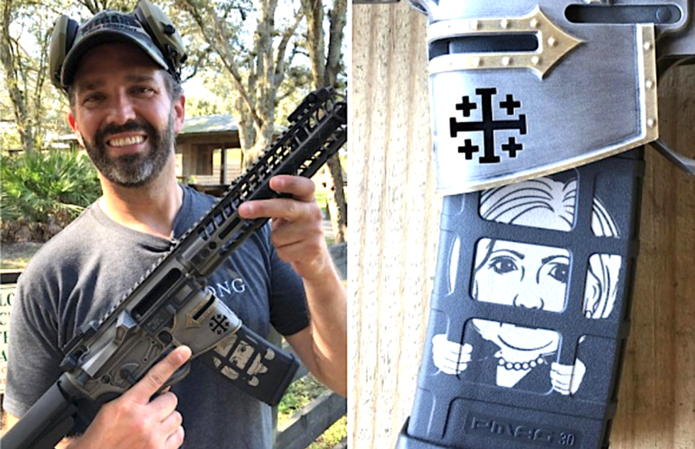 Donald Trump Jr. posts photo of himself holding gun decorated with inflammatory depiction of Hillary Clinton