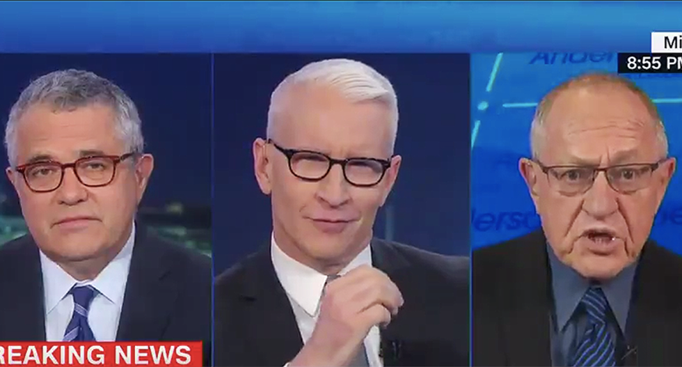 Angry Alan Dershowitz goes off on 'two bullies' Anderson Cooper and Jeff Toobin when confronted with his hypocrisy
