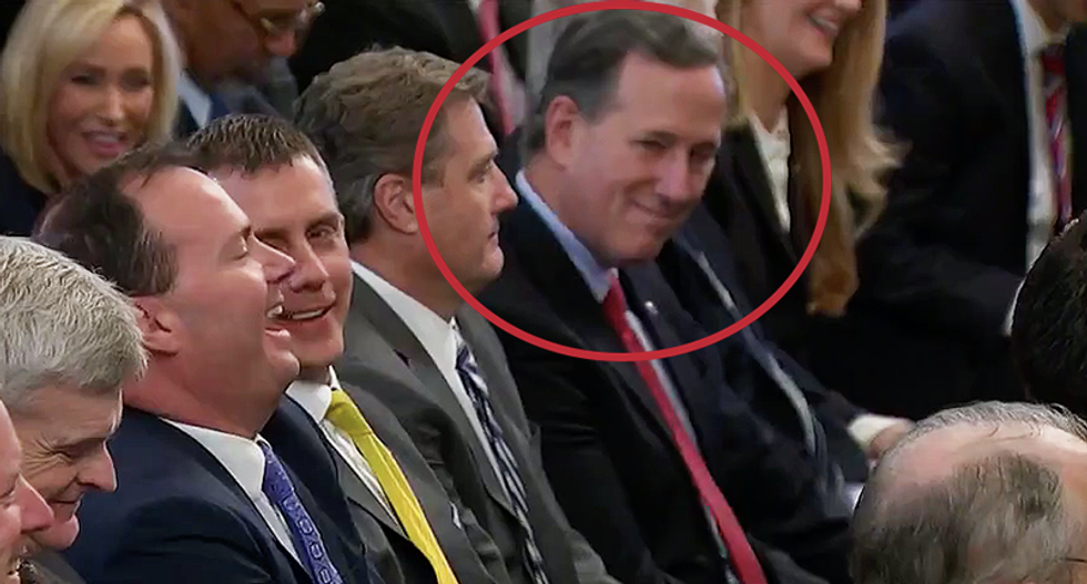 Paid CNN commentator Rick Santorum seen yucking it up in audience with GOP senators at Trump speech