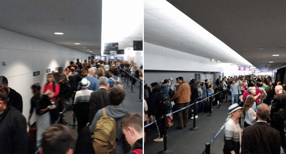 Shocking photos emerge from airports of long and crowded lines for coronavirus testing: 'A social distancing nightmare'
