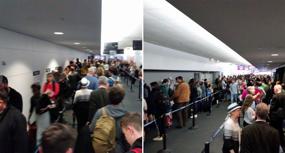 Shocking photos emerge from airports of long and crowded lines for coronavirus testing: 'A social distancing nightmare'