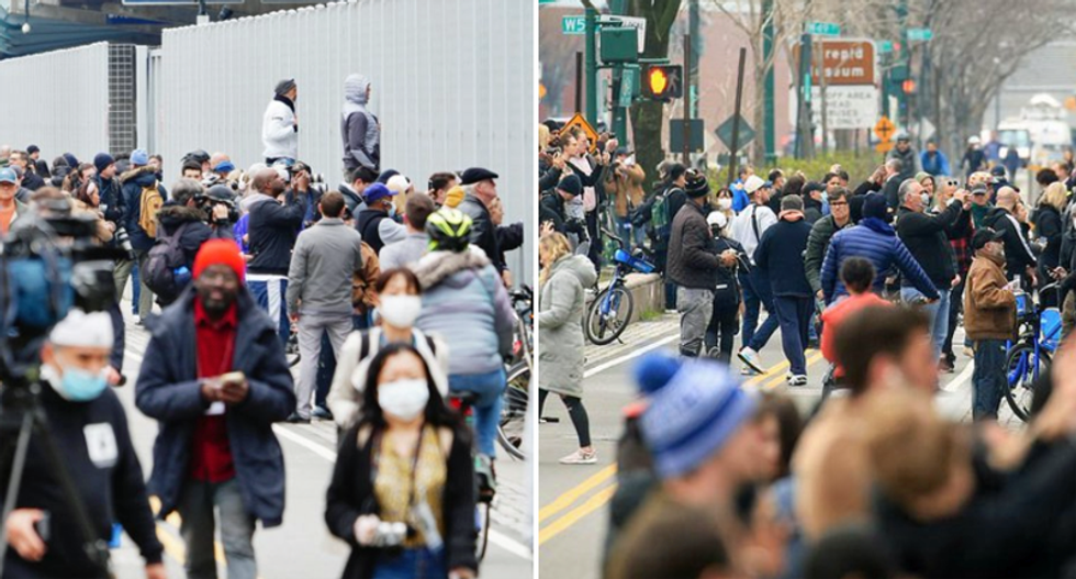 ‘Well this sucks’: New Yorkers crowd together to take pictures of USNS Comfort arriving for coronavirus