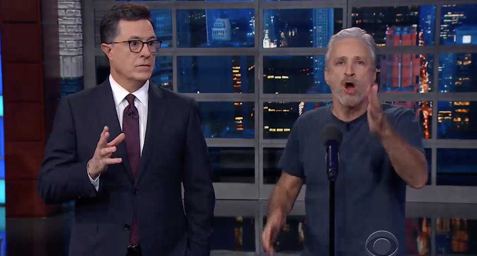 'What the f*ck is wrong with this guy?': Jon Stewart and Stephen Colbert rail against 'sociopath' Trump