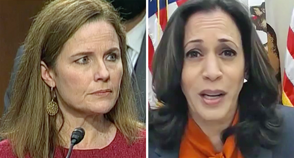 Amy Coney Barrett watches in stunned silence as Kamala Harris blasts Senate Republicans