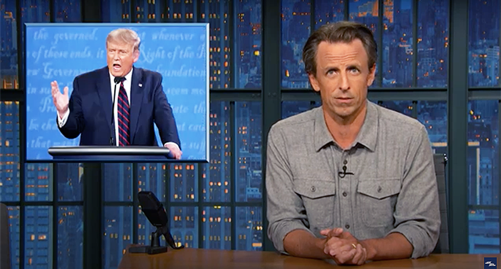 Seth Meyers knocks 'petulant psycho' Trump for disaster debate: 'Like a drunk who wouldn't hand over his keys'