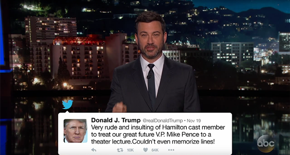 Jimmy Kimmel hilariously nails Trump: 'How is it that Donald Trump can get along with Putin but not Hamilton?'
