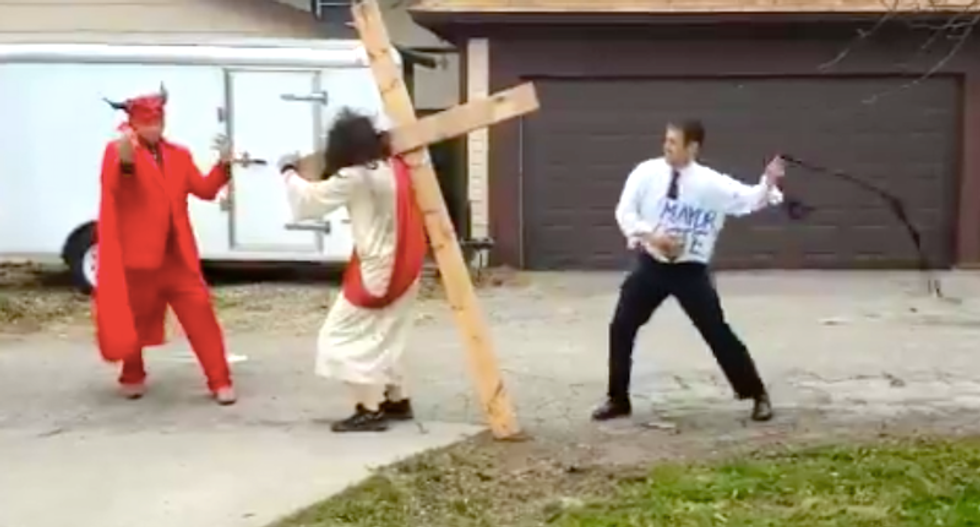 WATCH: Right-wing Christians stage bizarre passion play by dressing up as Pete Buttigieg and whipping Jesus