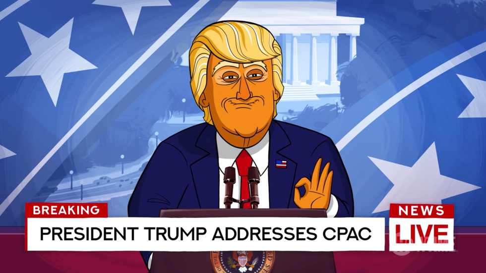 Cartoon Trump greets ‘disgraced sheriffs, spineless pastors, French Nazis’ to CPAC -- where he roasts Romney