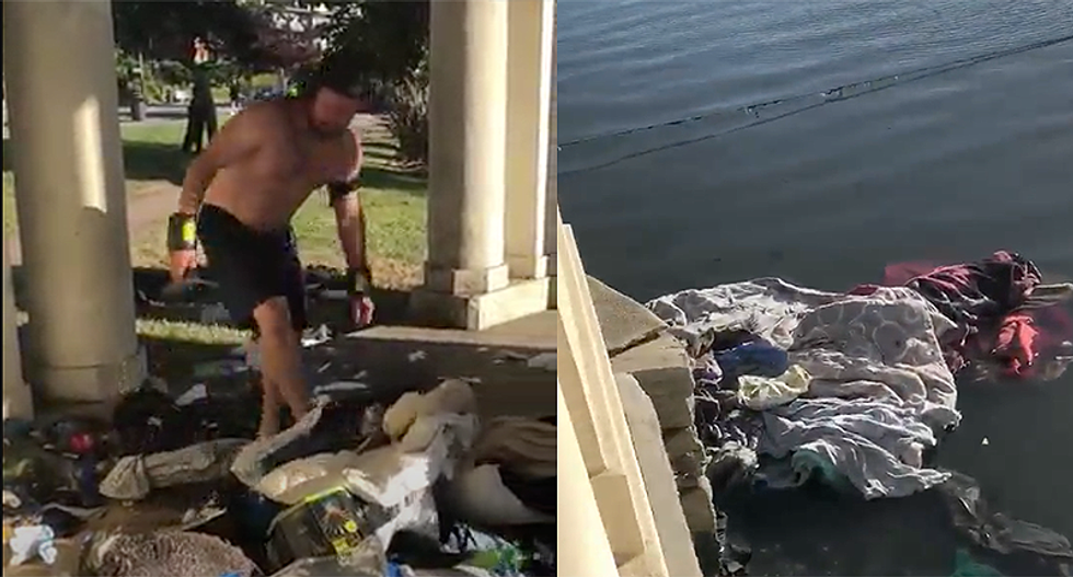 WATCH: Man caught on video destroying homeless person's encampment and throwing it into the lake