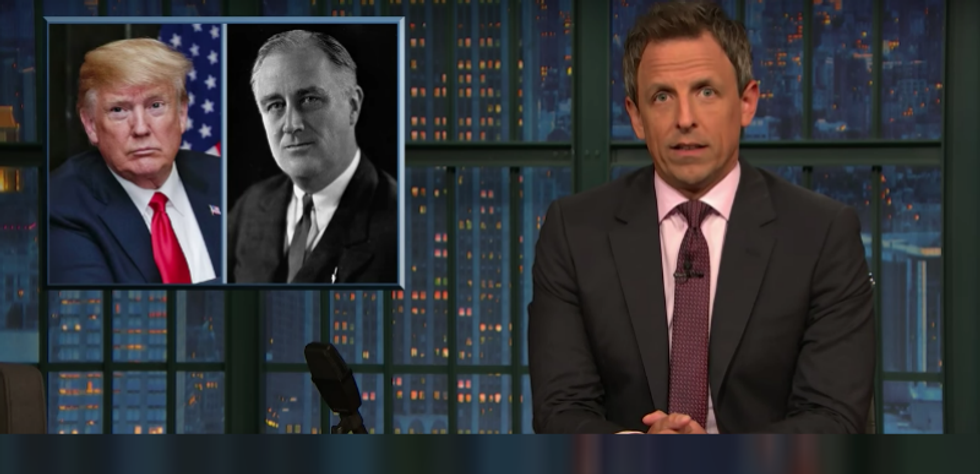 Seth Meyers mocks Trump for comparing himself to a 'fictional president' who he thinks served '16-years'
