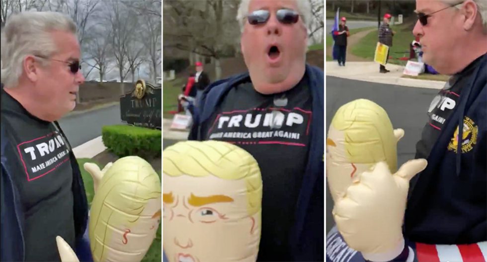 WATCH: Trump supporter — wearing a flotation device -- makes a scene over masks outside his golf club
