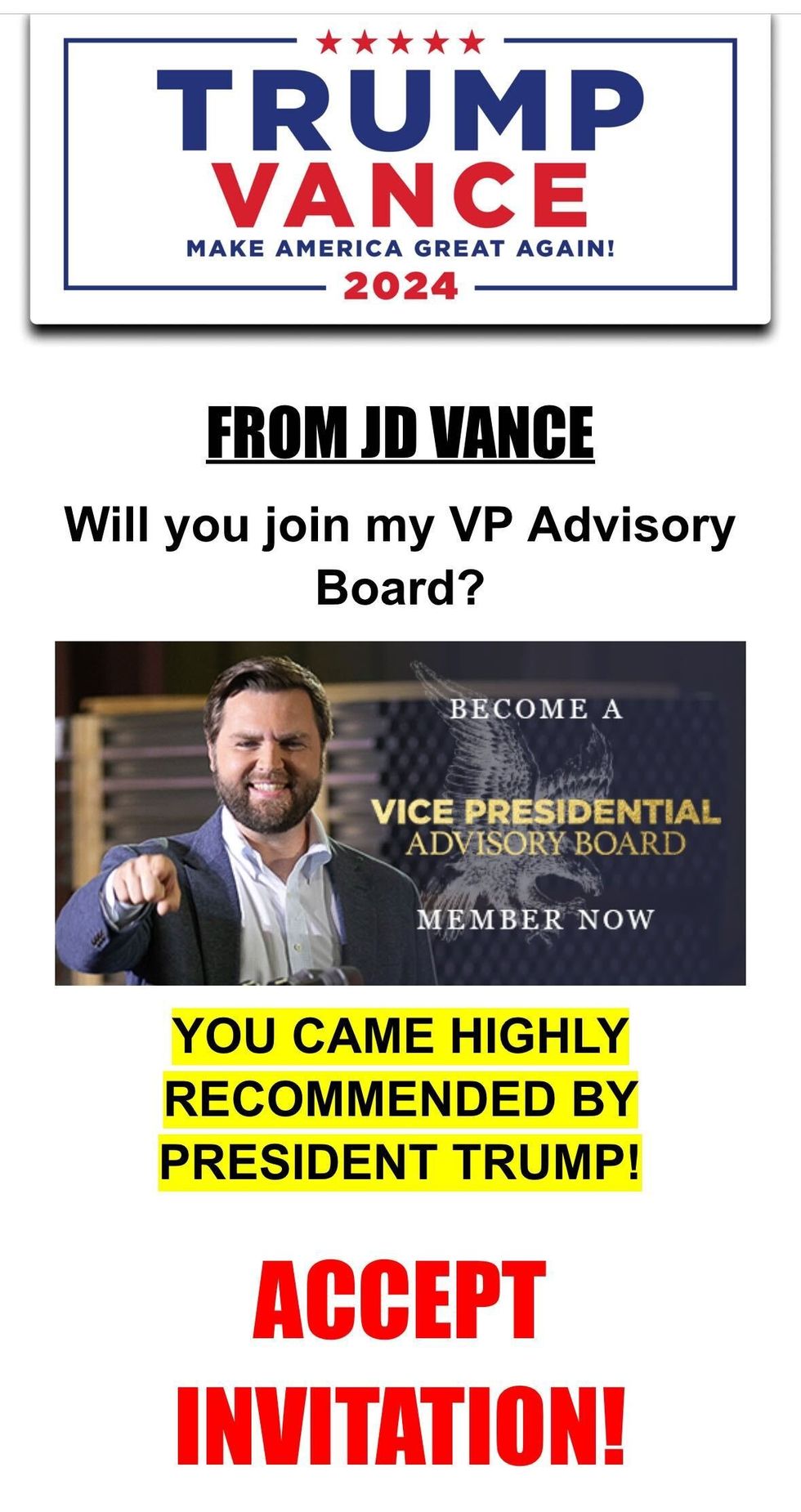J.D. Vance campaign fundraising message