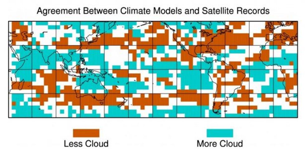 Locations where the majority of climate models and the majority of satellite records agree on how cloudiness changed from the 1980s to the 2000s, relative to the global mean change. (Photo: Joel Norris via the Washington Post)