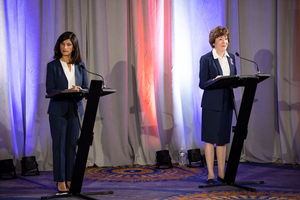 Maine House Speaker Sara Gideon and incumbent Sen. Susan Collins participate in the debate at the Holiday Inn By The Bay alongside fellow candidates Lisa Savage and Max Linn on Friday, September 11, 2020.