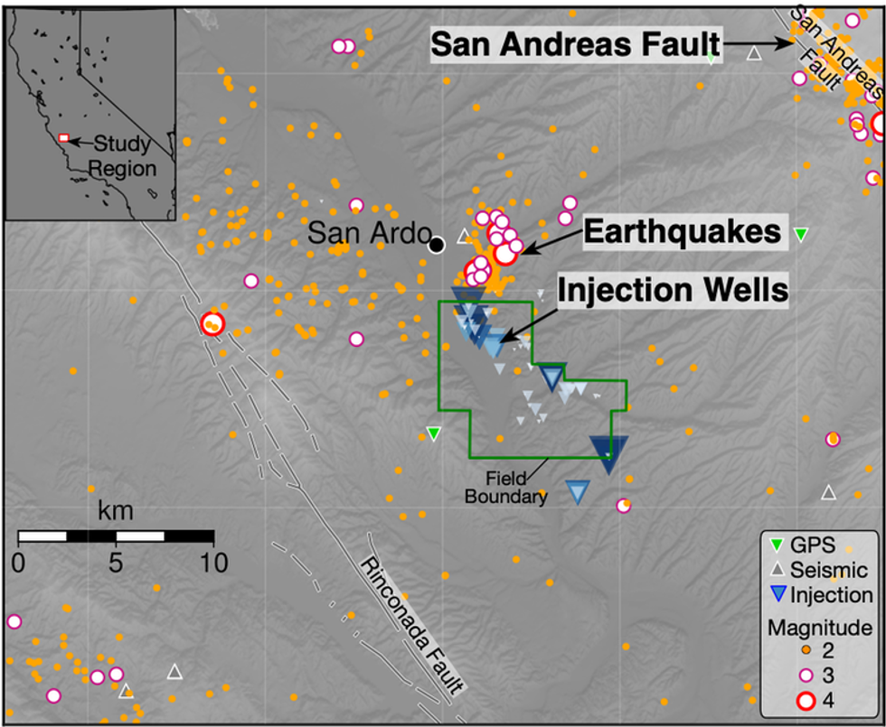 Map of wells and earthquakes.