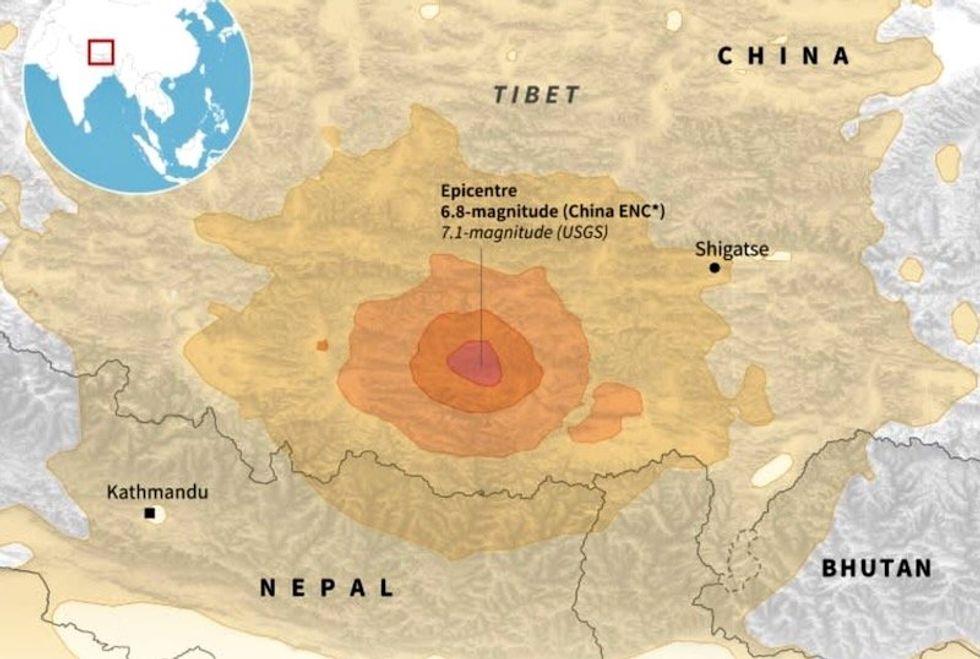 Quake in China's Tibet kills 95 with tremors felt in Nepal, India