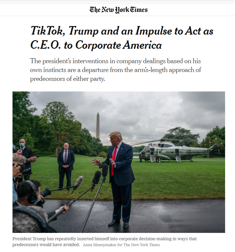 NYT: TikTok, Trump and an Impulse to Act as C.E.O. to Corporate America