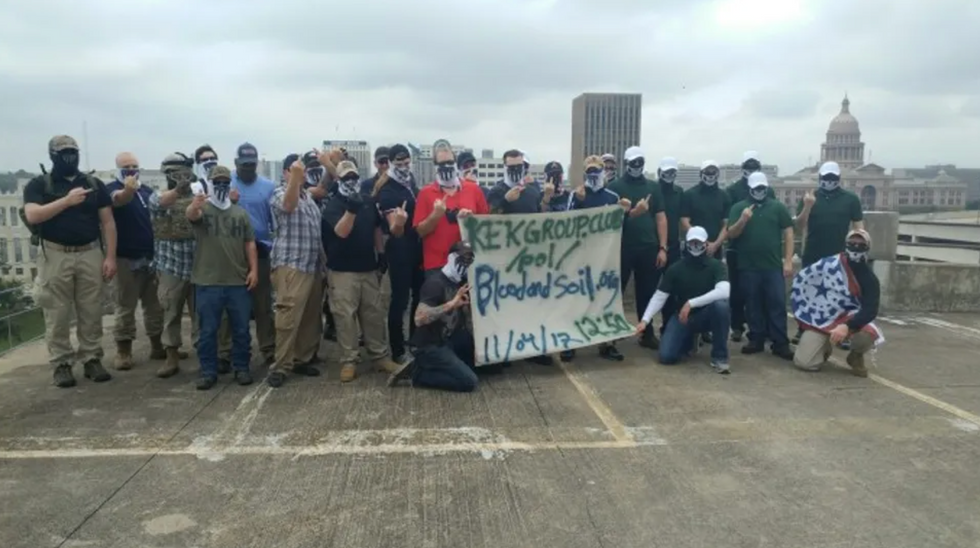 Patriot Front member pose at the top of a parking deck in Austin, Texas around the time of a flash rally in November 2017. (courtesy image)Patriot Front member pose at the top of a parking deck in Austin, Texas around the time of a flash rally in November 2017. (courtesy image)Patriot Front member pose at the top of a parking deck in Austin, Texas around the time of a flash rally in November 2017. (courtesy image)