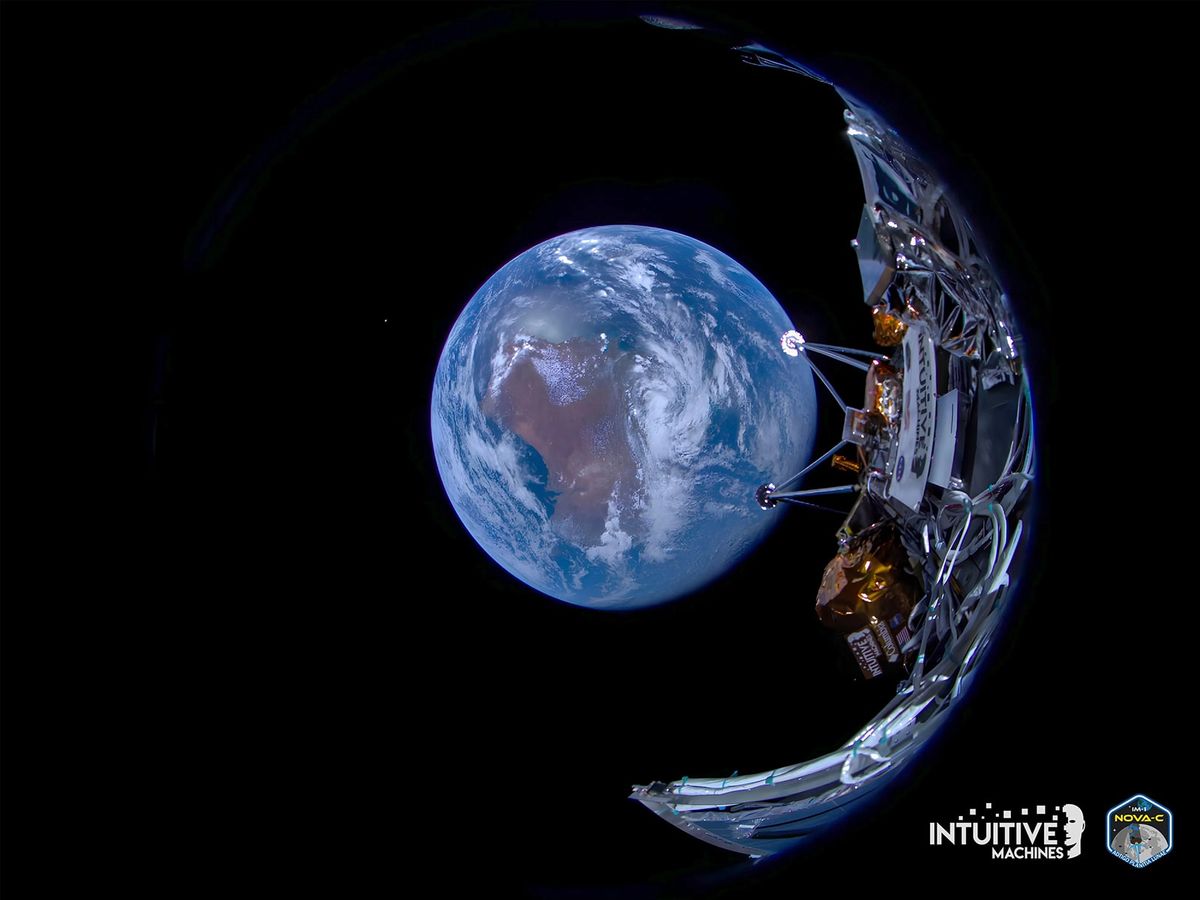 U.S. spaceship lying sideways after dramatic Moon touchdown