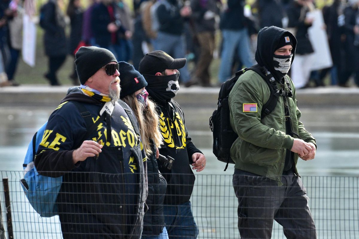 Proud Boys march along the reflecting pool during the Defeat the Mandates rally in Washington, DC last month.
