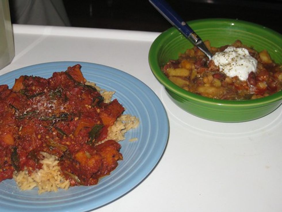 Pumpkin & tomato over rice, veggie chili
